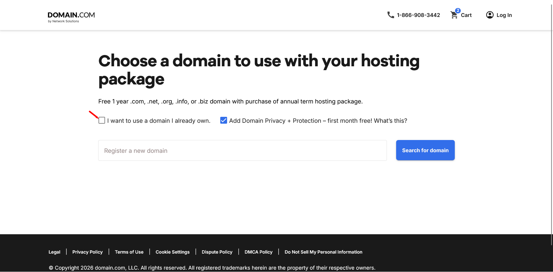 Domain.com Domainauswahlseite zum Registrieren einer neuen Domain oder zur Verwendung einer bestehenden Domain