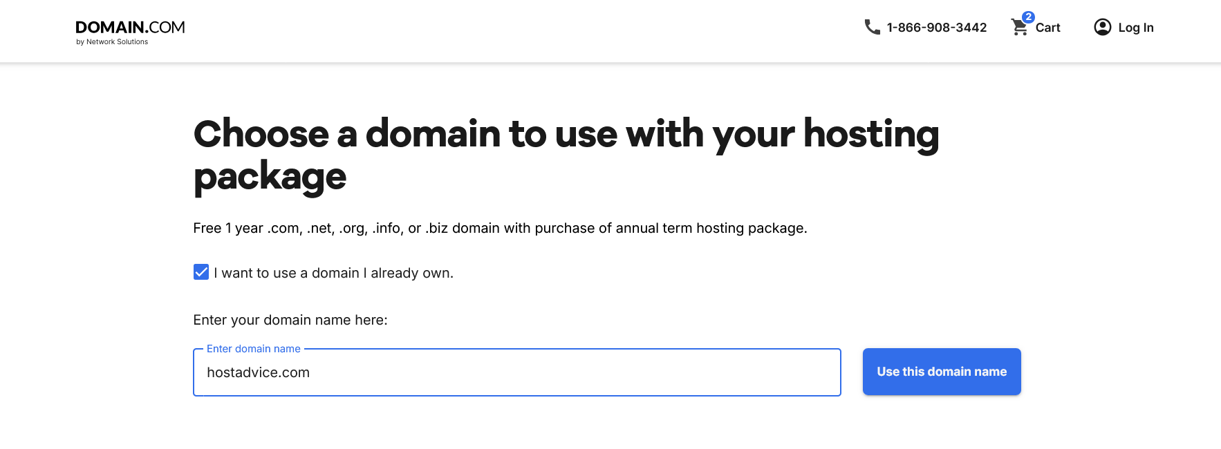 Domain.com Eingabefeld für eine bestehende Domain während des Hosting-Checkouts