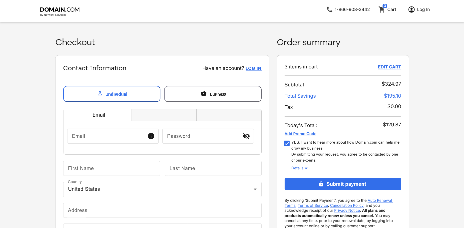 Domain.com Checkout-Seite mit Formular für Kontaktdaten