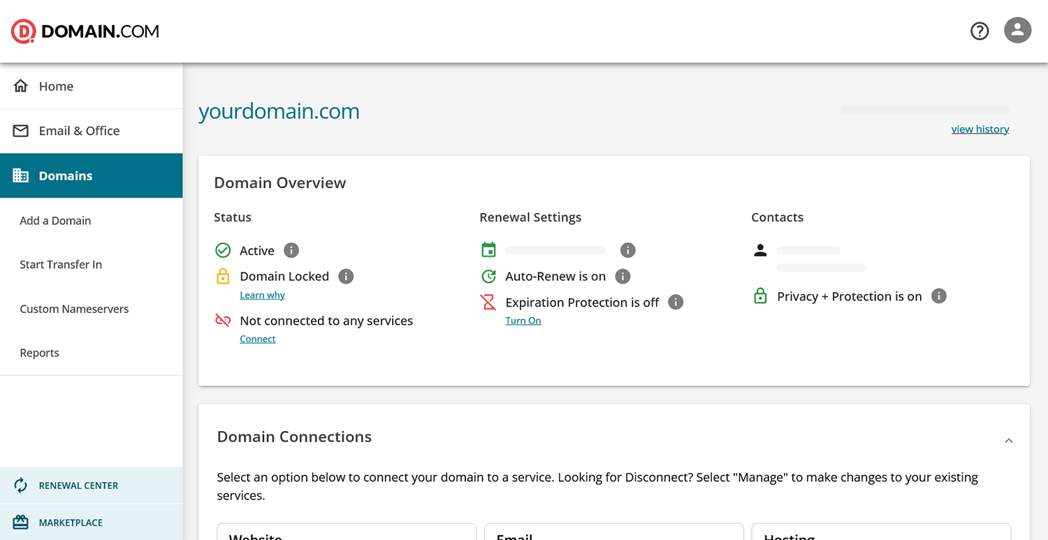 Domain.com Kunden-Dashboard mit Domain-Übersicht und Seitenleisten-Navigation