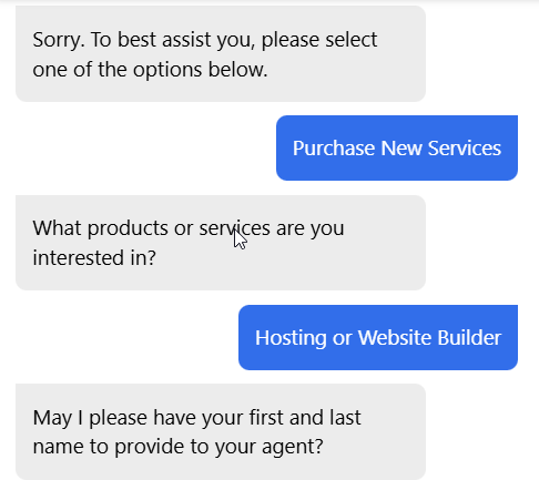 Domain.com Live-Chat-Bot-Routing-Prompts vor der Verbindung mit einem Agenten