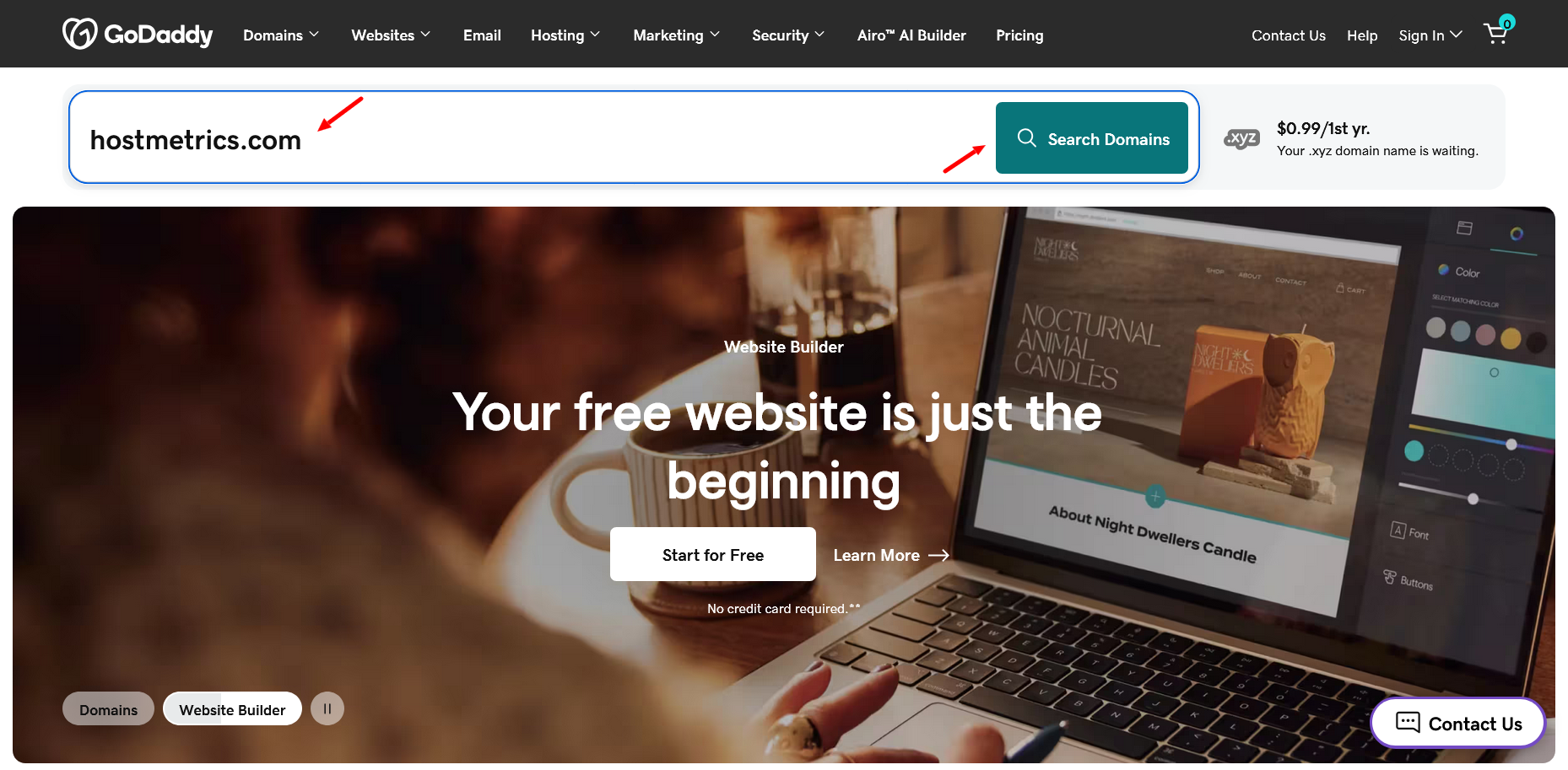 GoDaddy homepage domain search bar