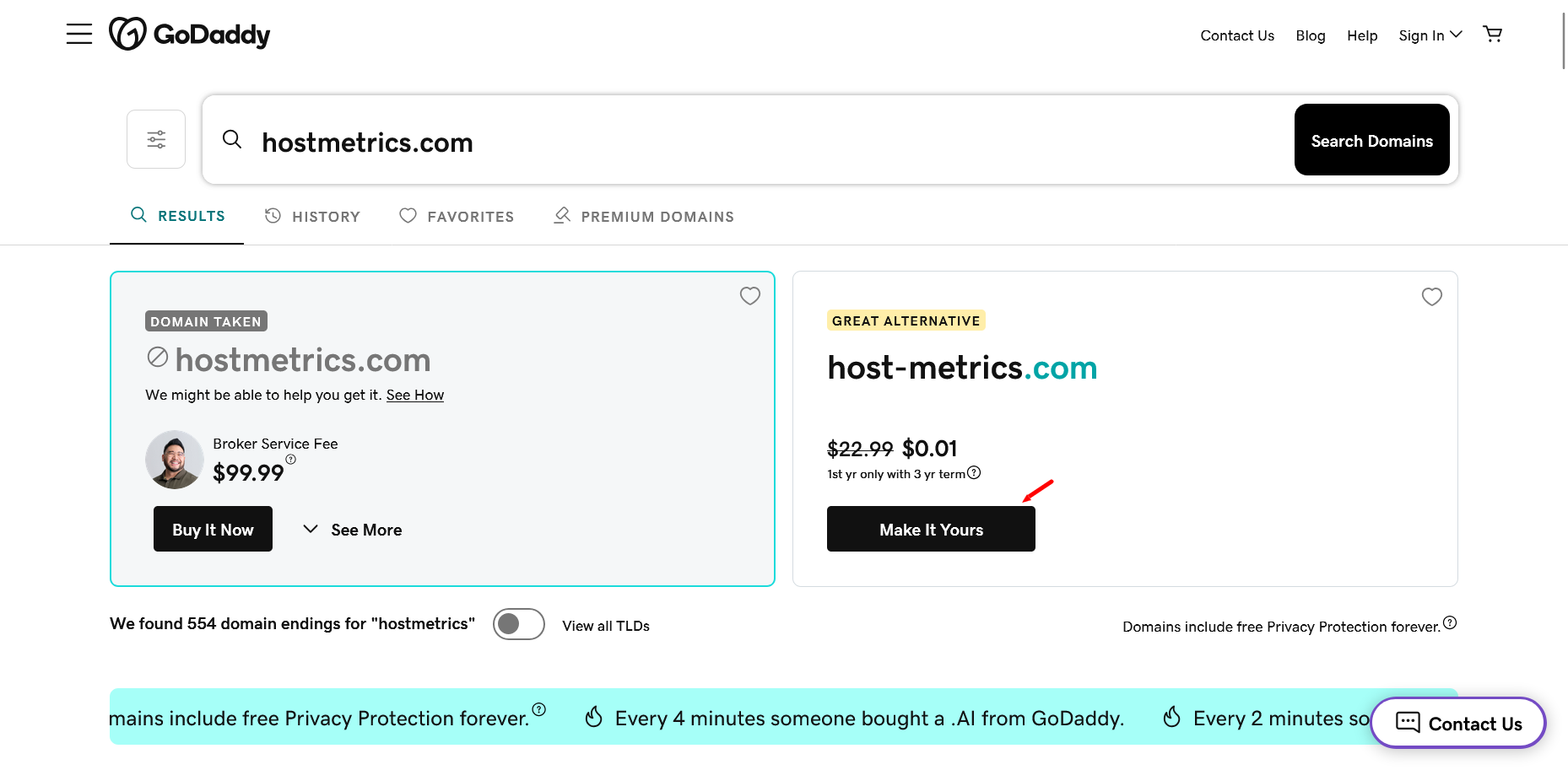 GoDaddy domain search results showing taken domain and alternative suggestion