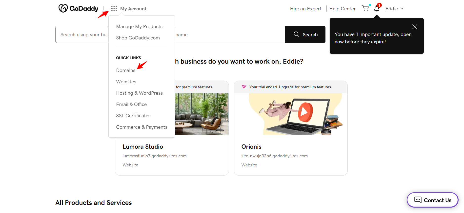 GoDaddy My Account quick links menu