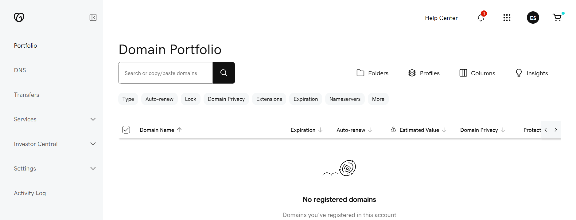 GoDaddy Domain Portfolio management interface