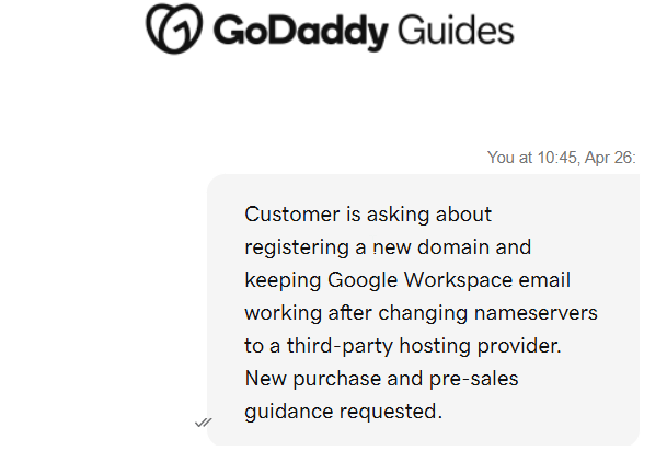 GoDaddy Airo chat handoff summary