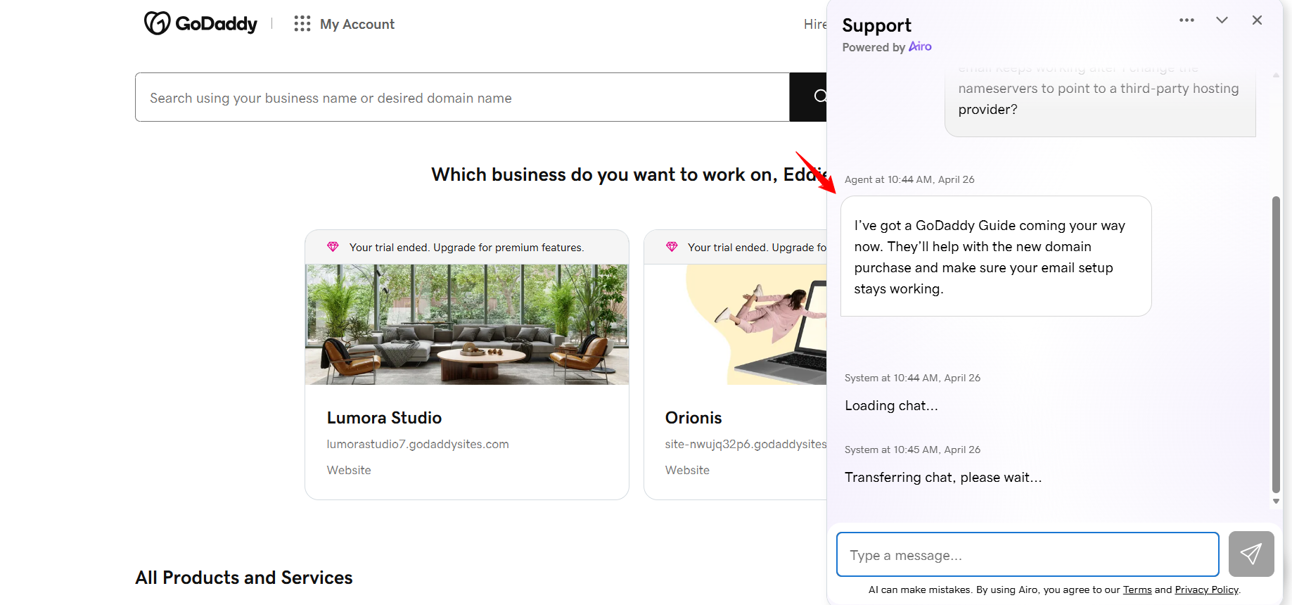 GoDaddy live chat transfer to support agent