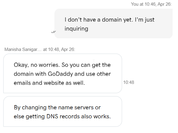 GoDaddy support agent response about nameservers and DNS records