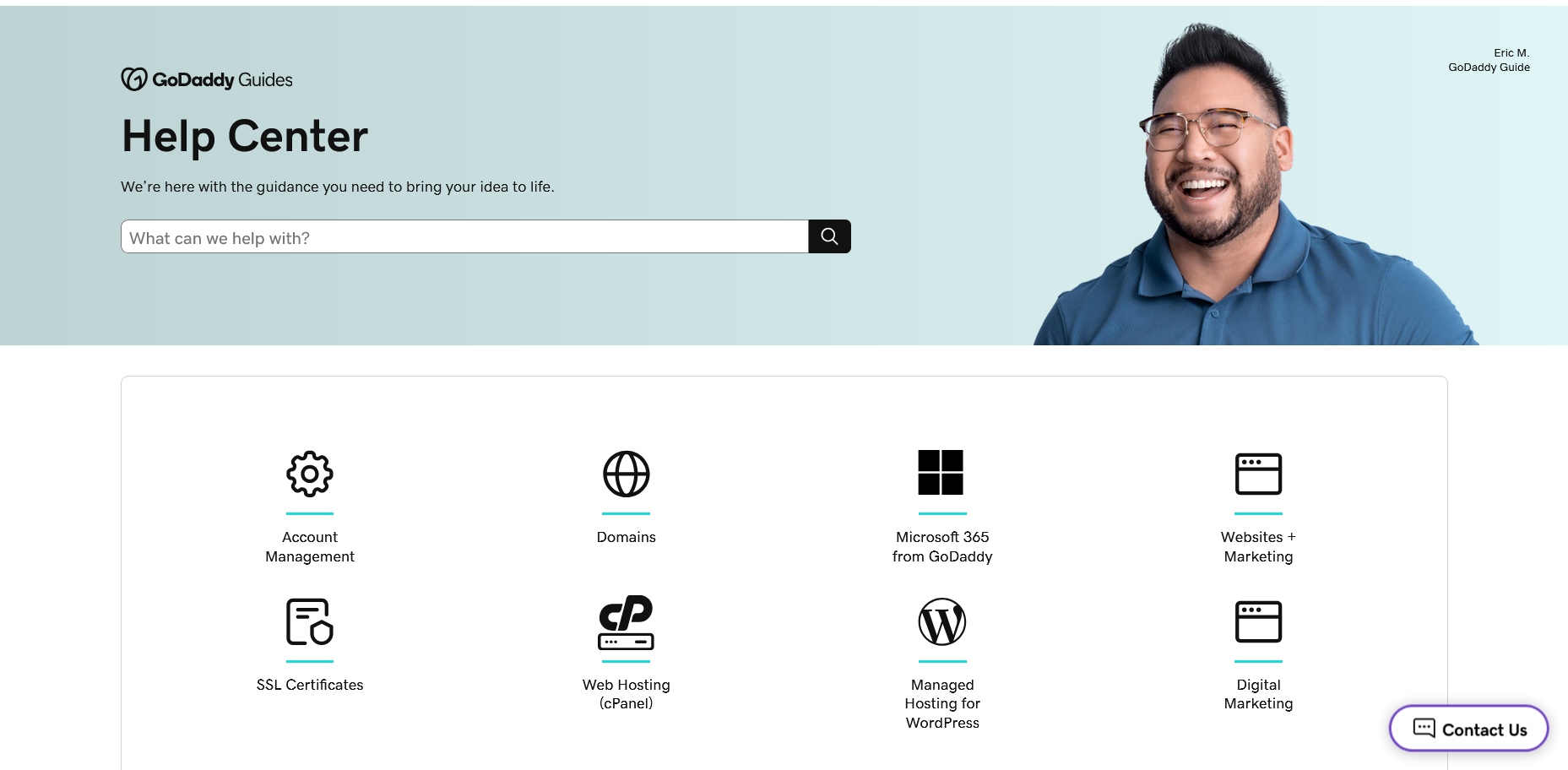 GoDaddy Help Center product categories