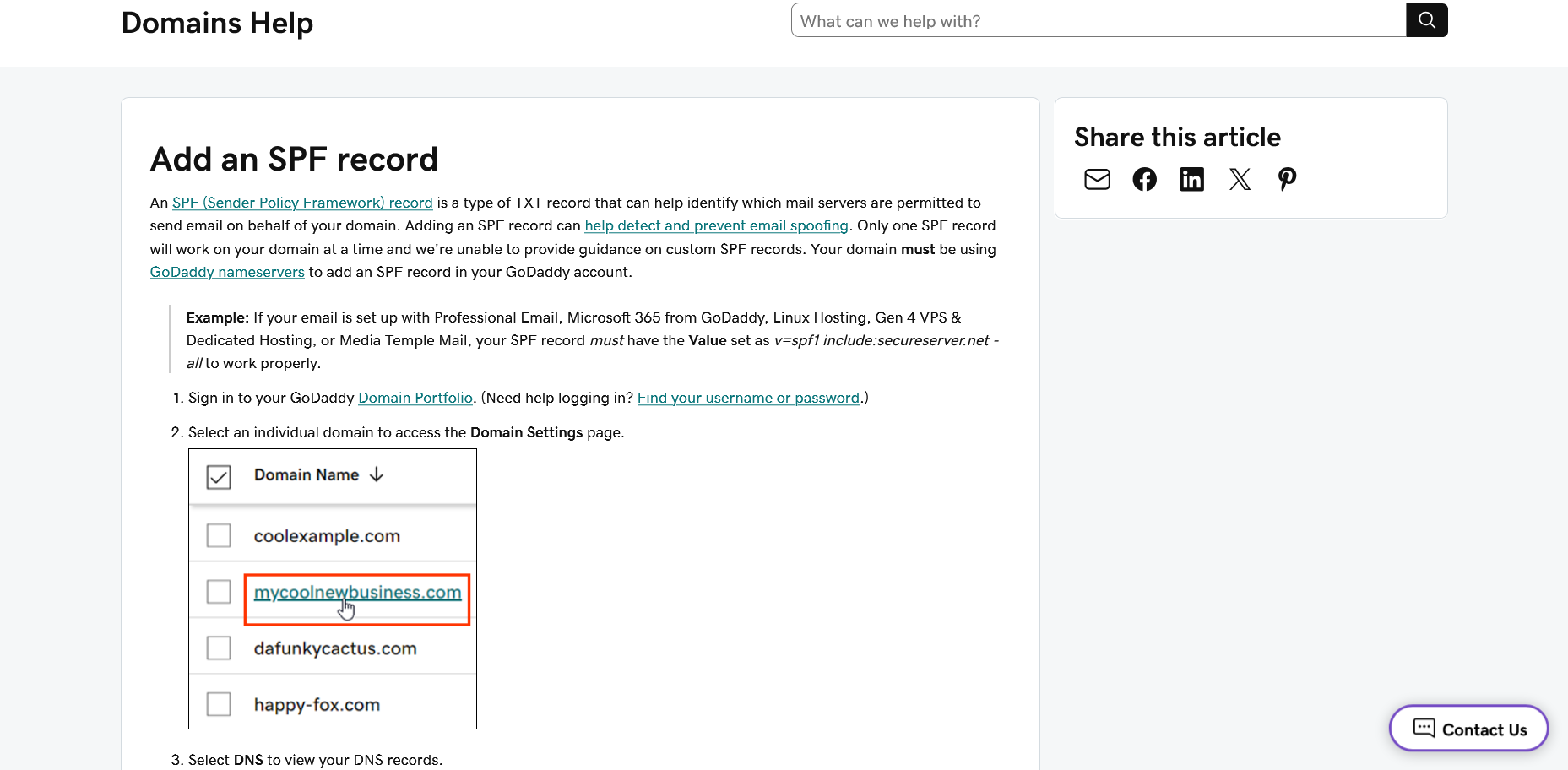 GoDaddy Help Center article explaining how to add an SPF record