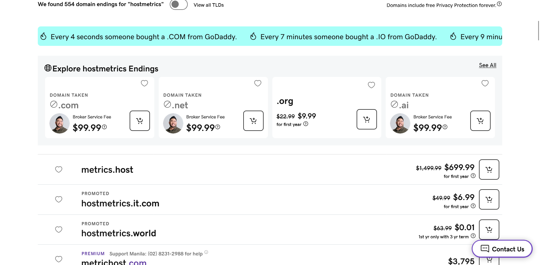 GoDaddy domain endings results and free privacy protection message