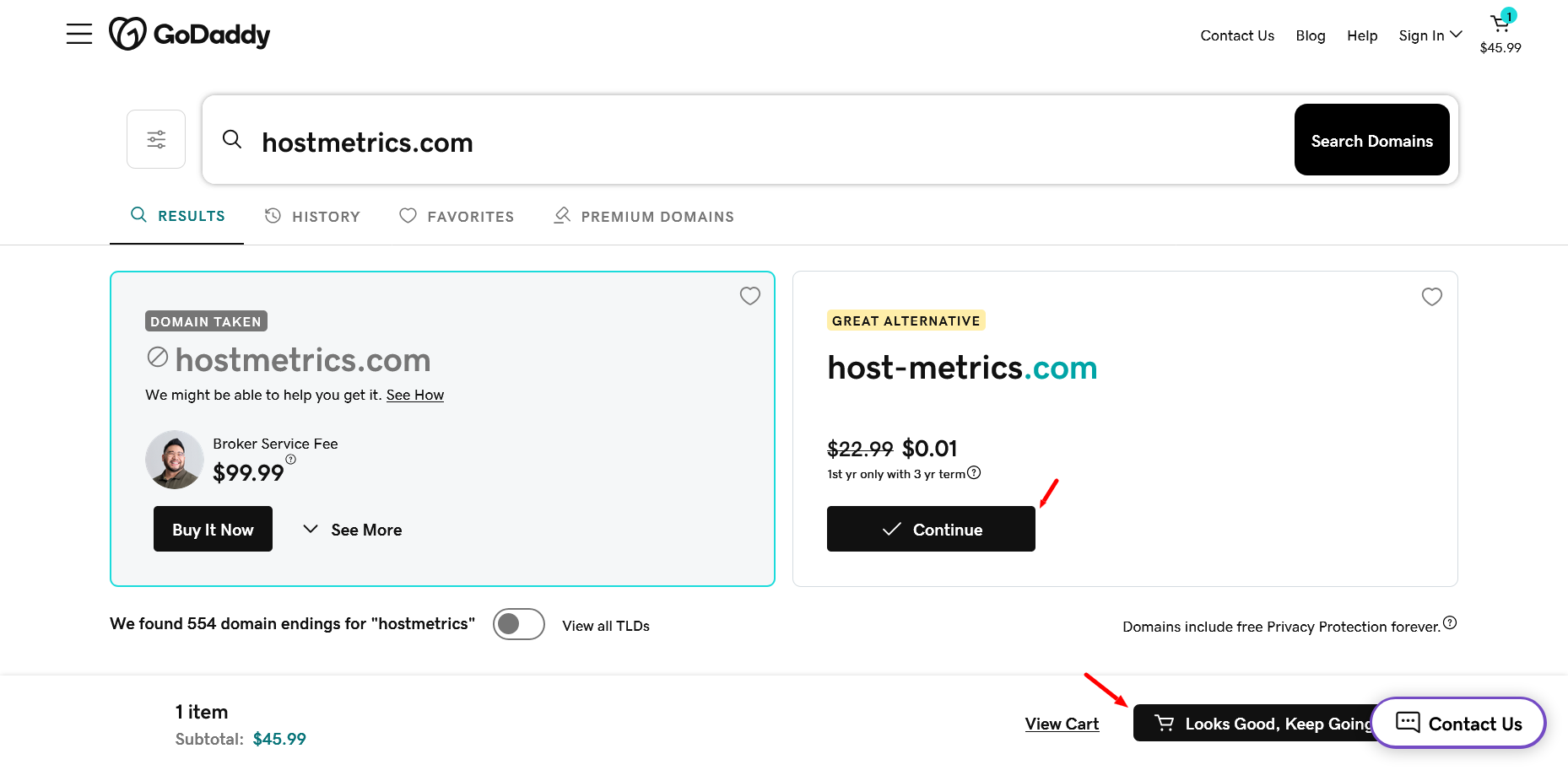 GoDaddy selected domain sticky cart bar