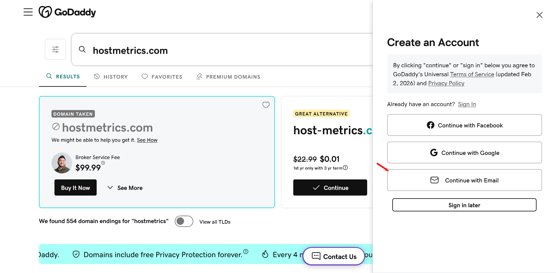 GoDaddy create account panel during domain registration