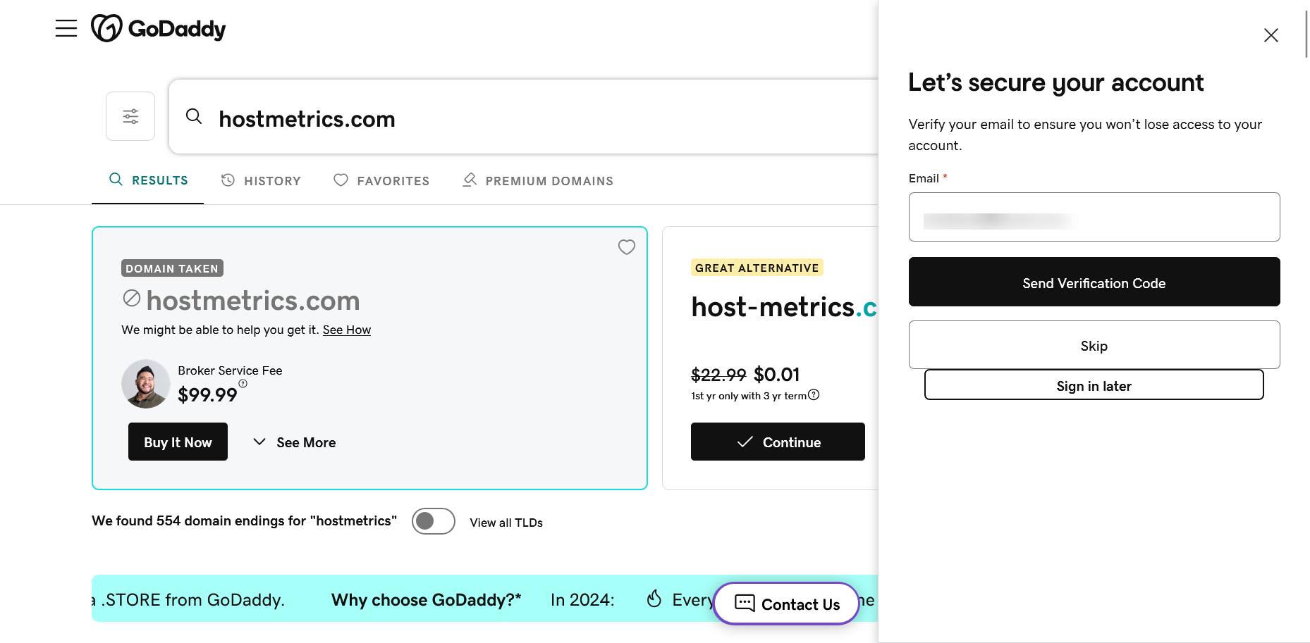 GoDaddy account security verification panel