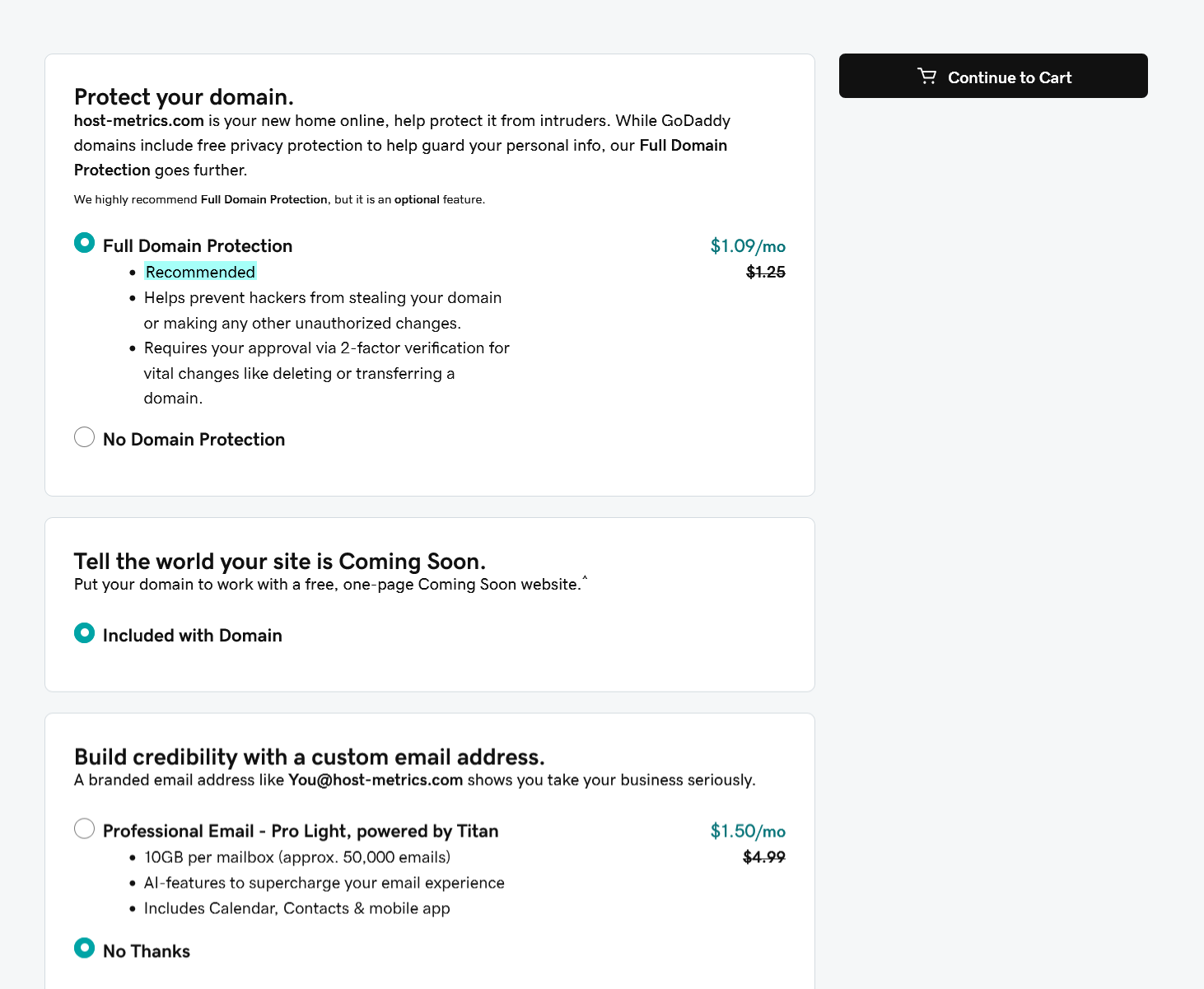 GoDaddy add-ons page showing Full Domain Protection option