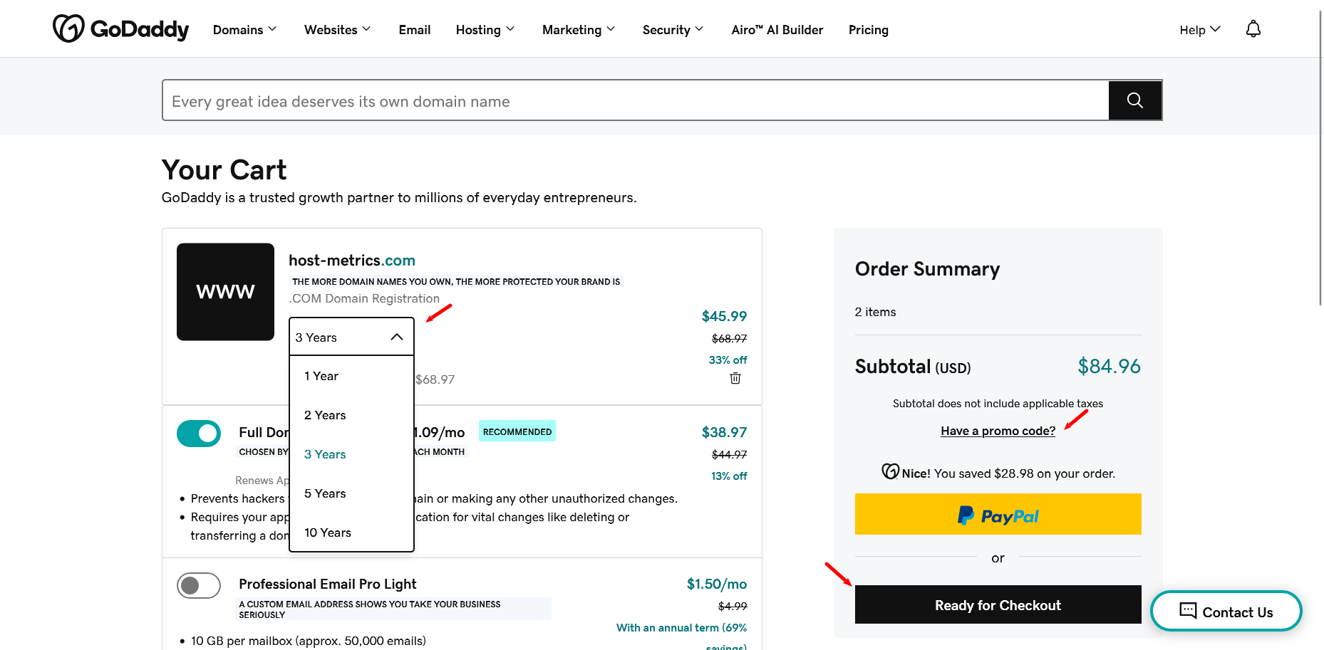 GoDaddy domain cart with registration term dropdown