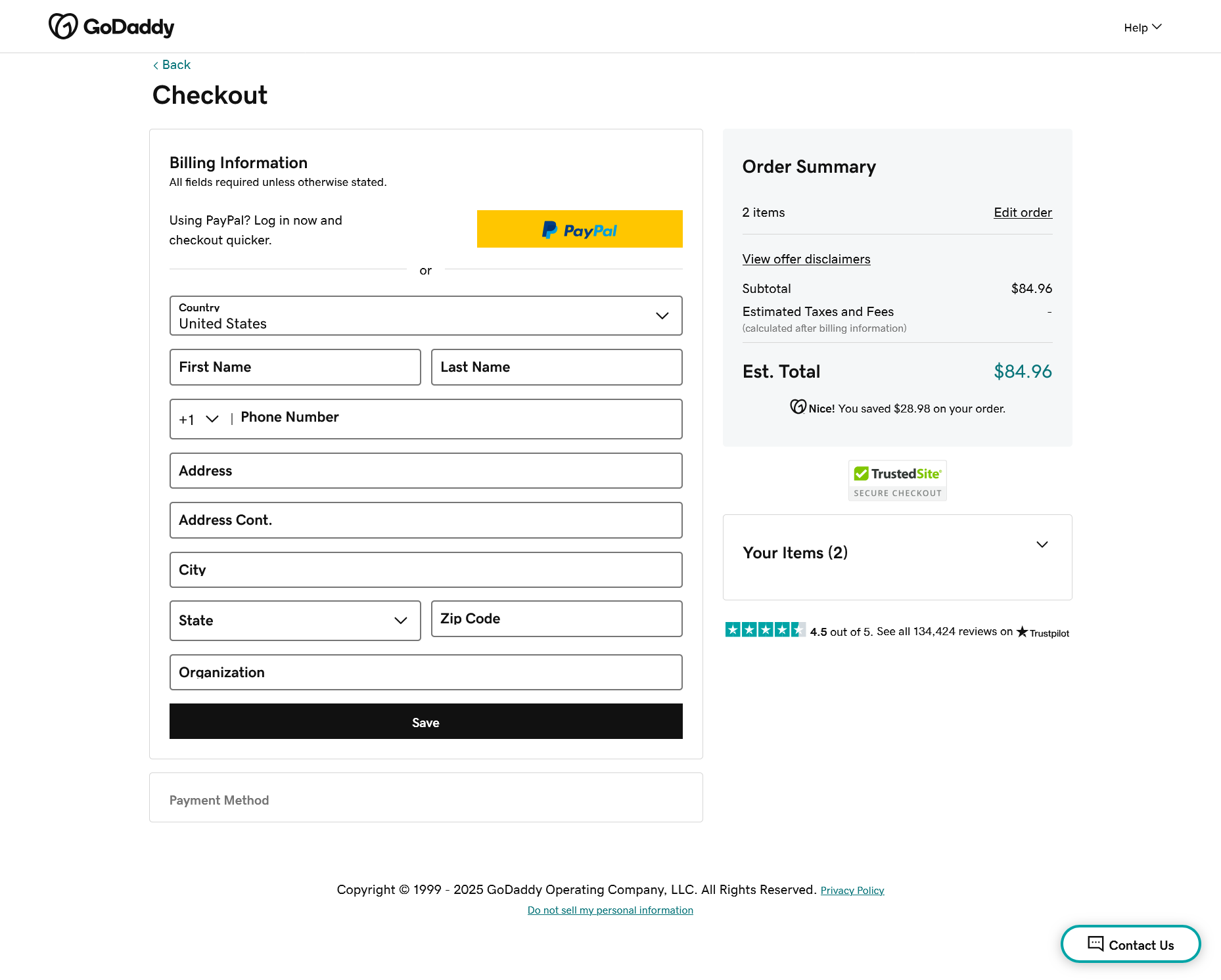 GoDaddy checkout billing information form