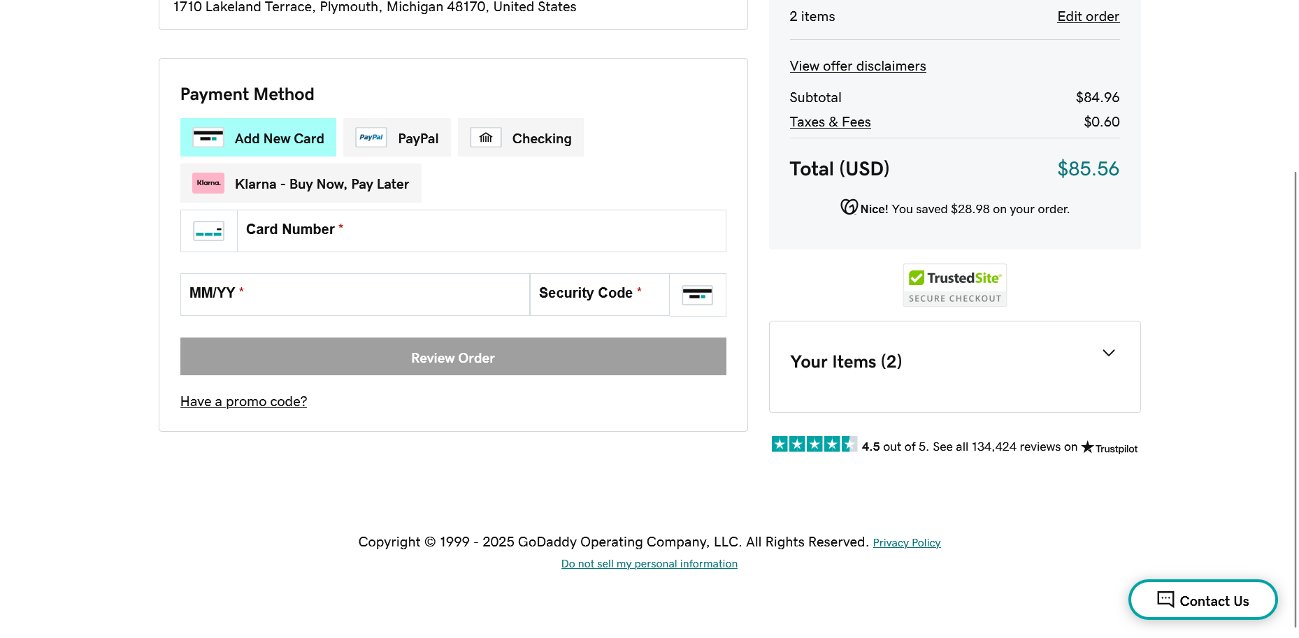 GoDaddy checkout payment method options