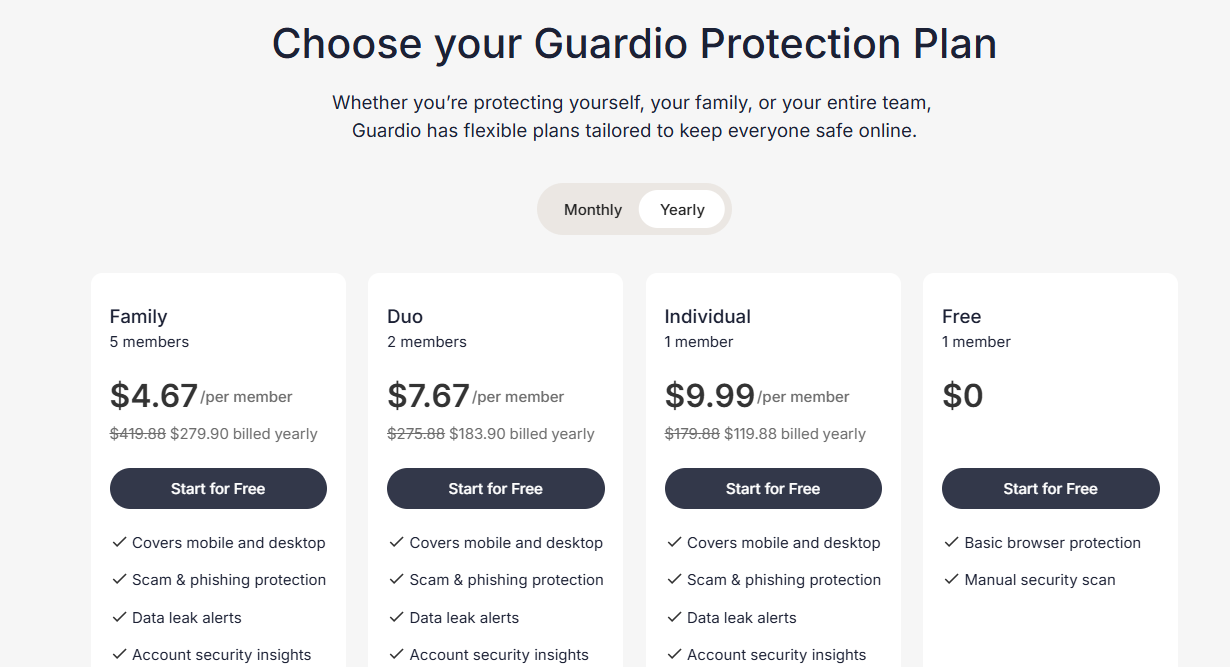 screenshot of Guardio plans
