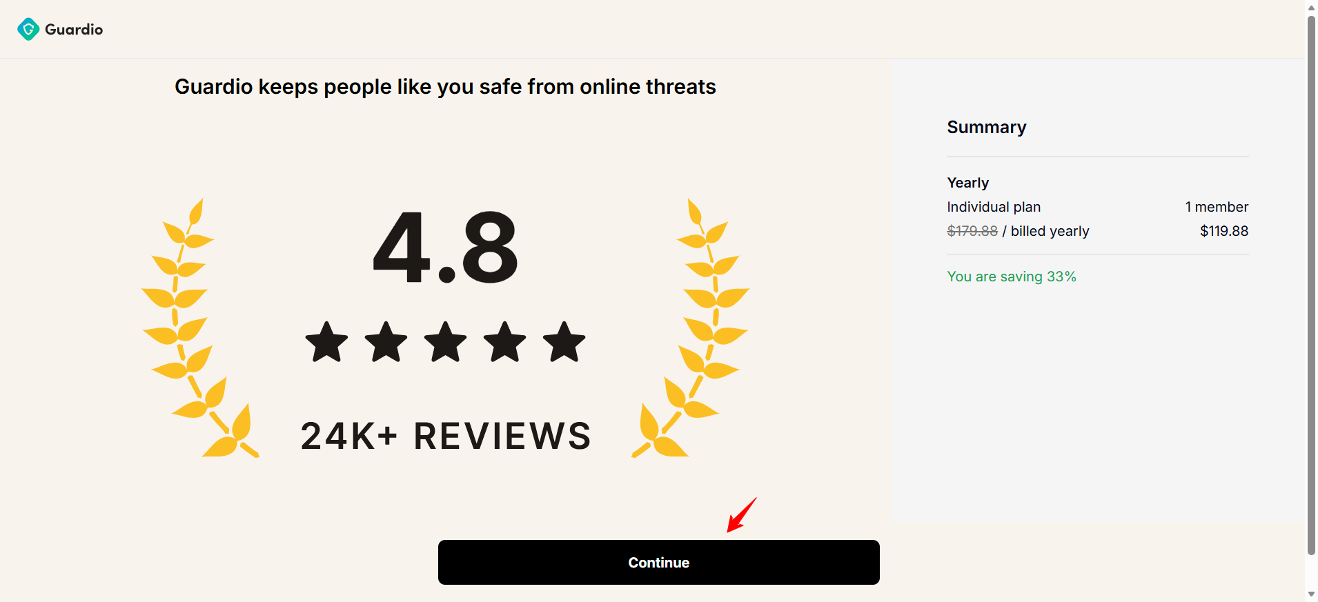 screen displayed the product's user rating of 4.8 stars from over 24,000 reviews alongside the plan summary showing the Individual plan at $119.88 per year