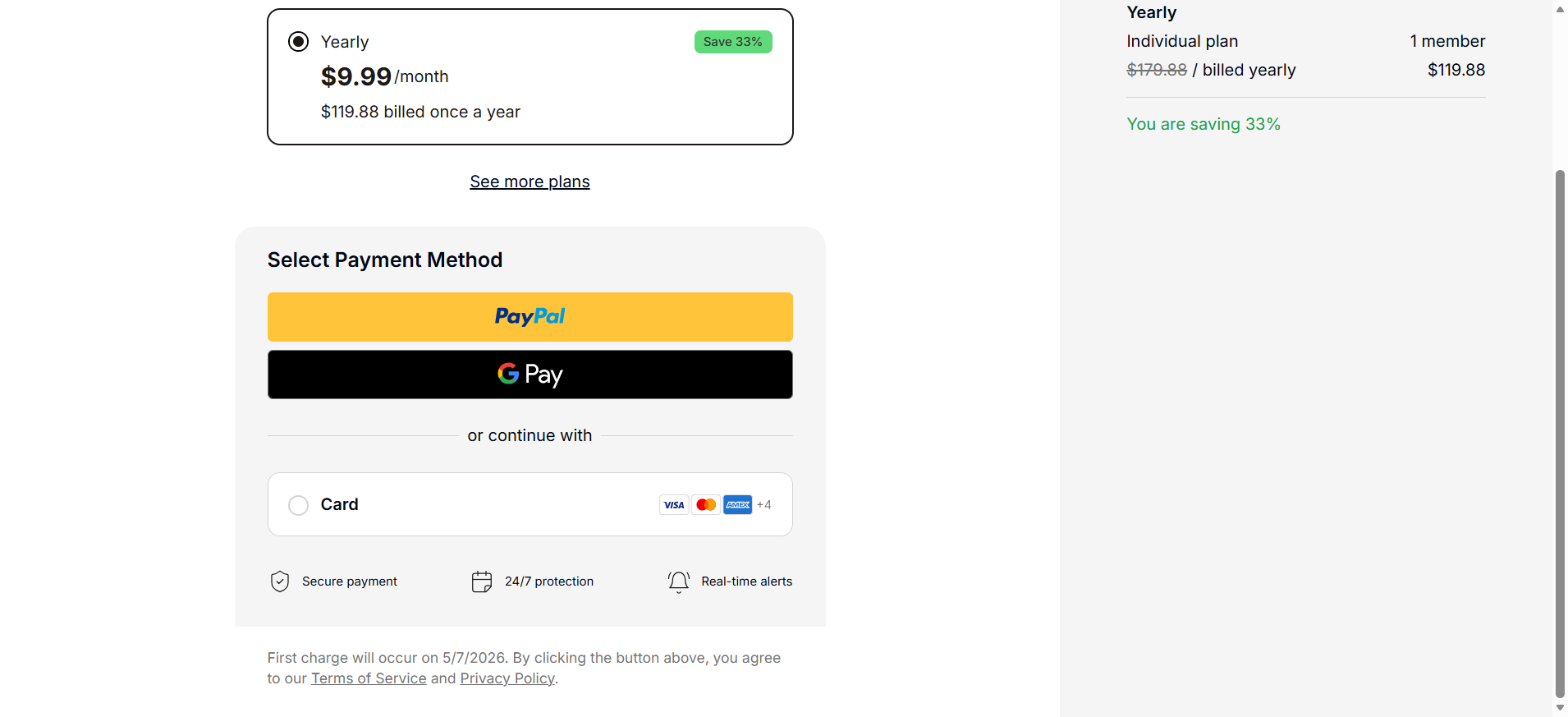 The payment screen offered three options: PayPal, Google Pay, and card. The annual plan was pre-selected showing $9.99 per month billed as $119.88 once a year.