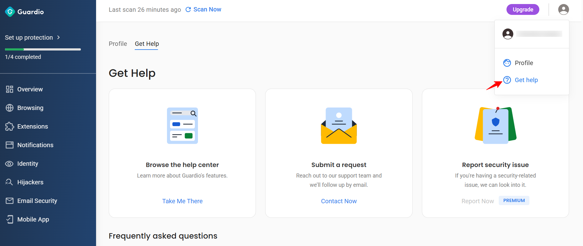 screenshot of Guardio Help panel