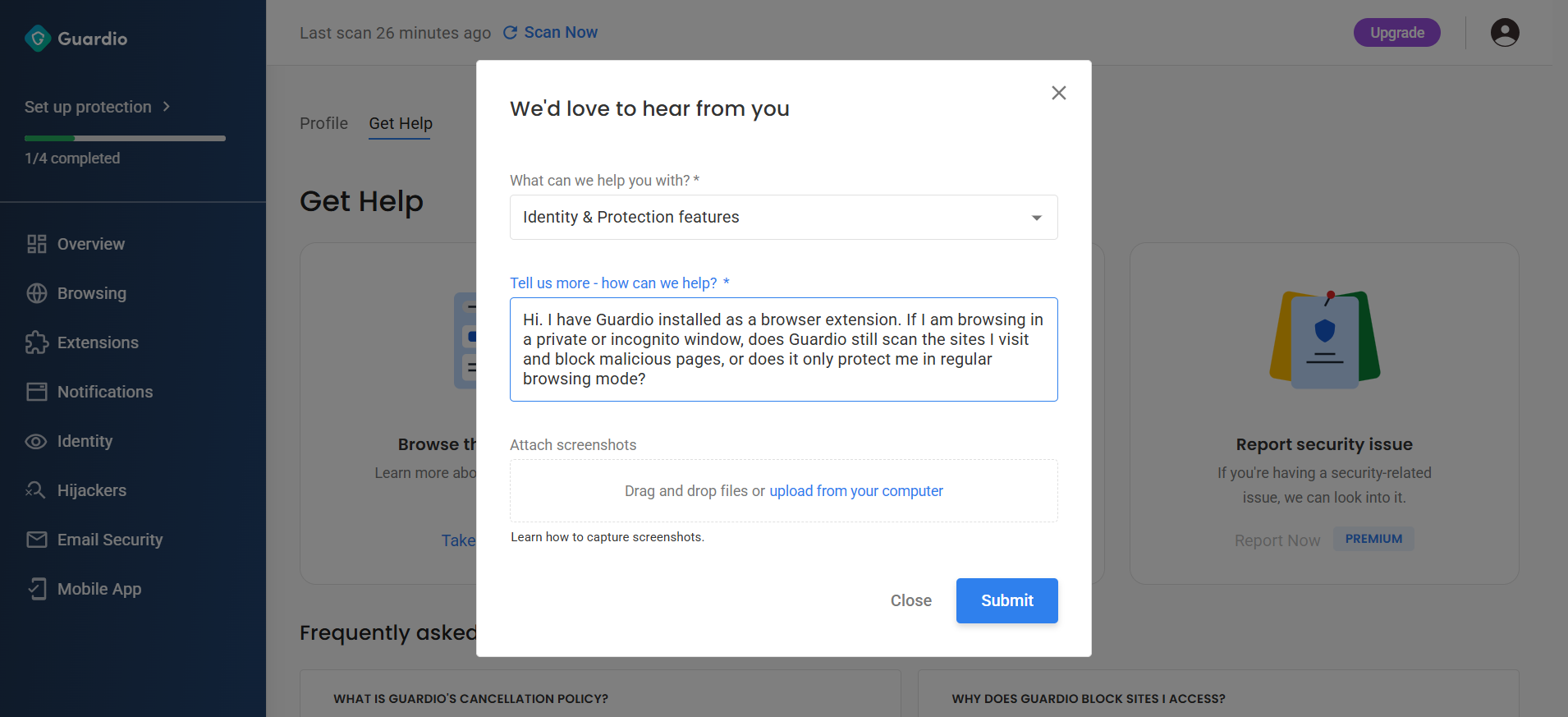 screenshot of submitted ticket