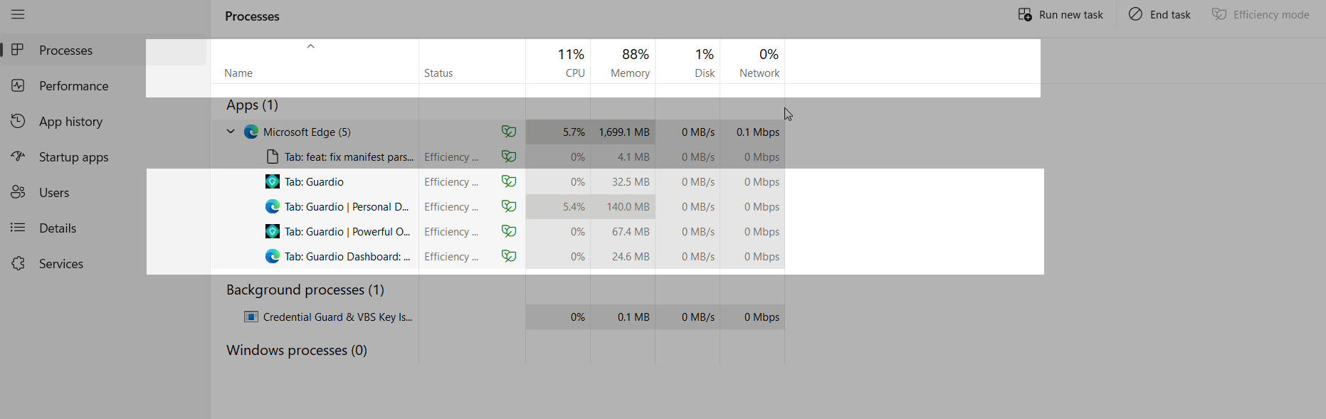 screenshot of Processes tab