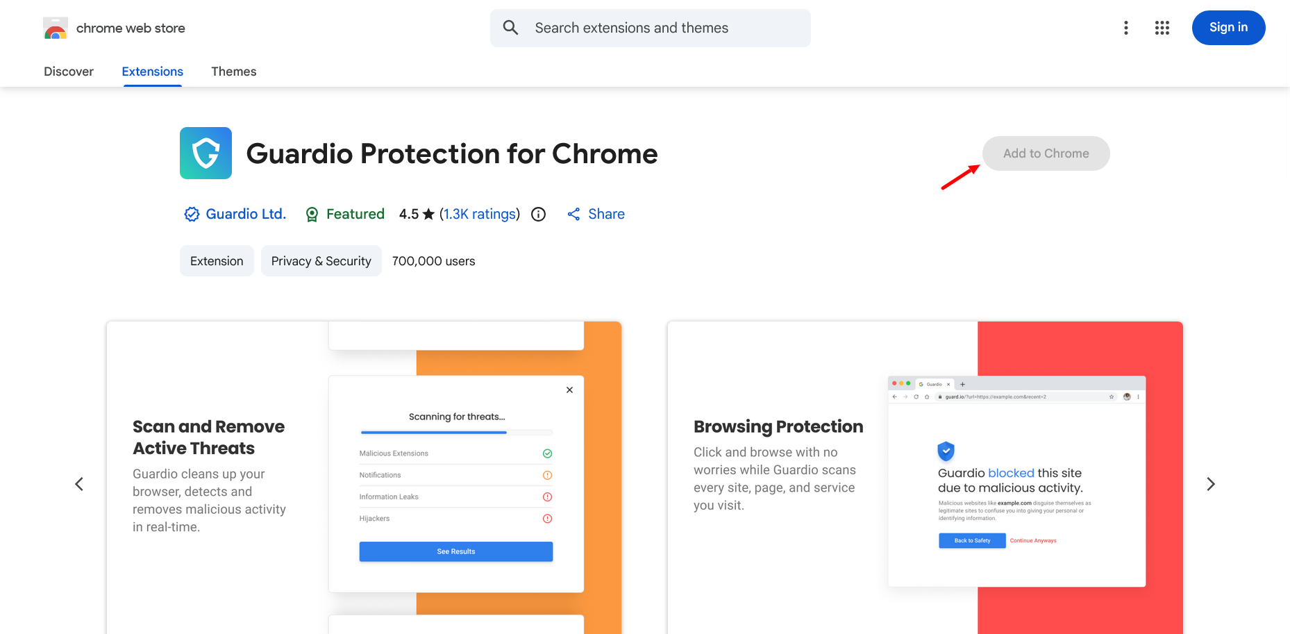 screenshot of Guardio extension