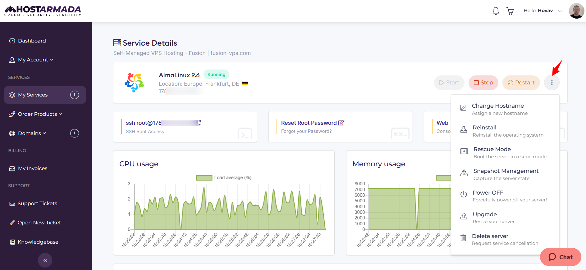 screenshot of HostArmada Service Details dropdown menu