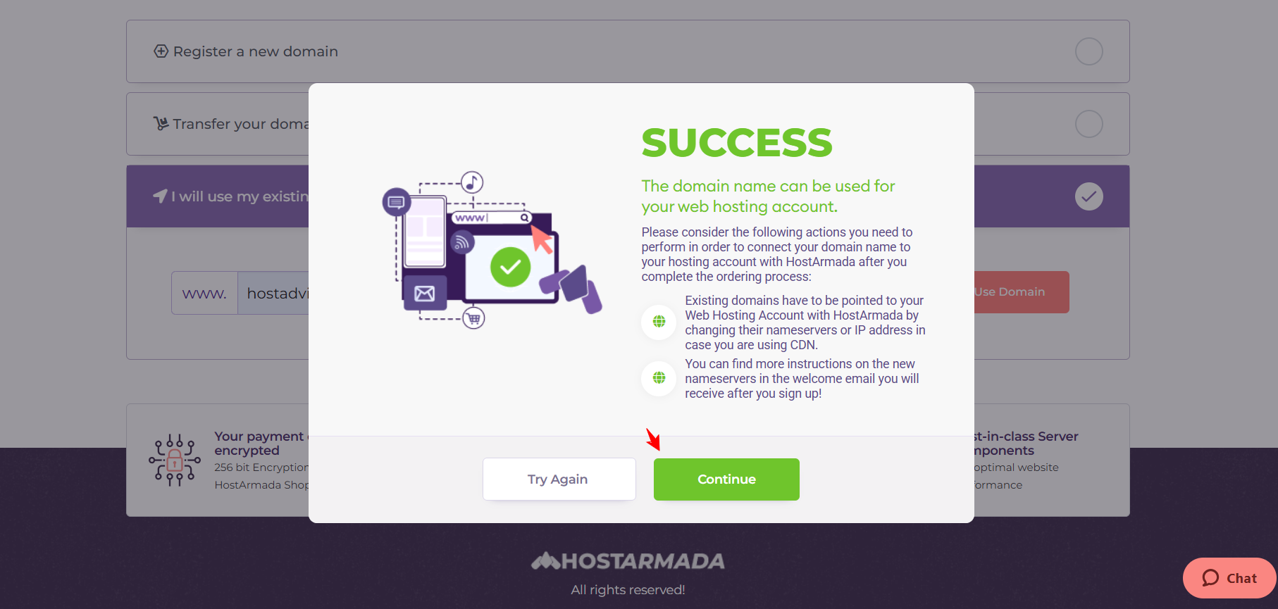 screenshot of HostArmada Domain menu