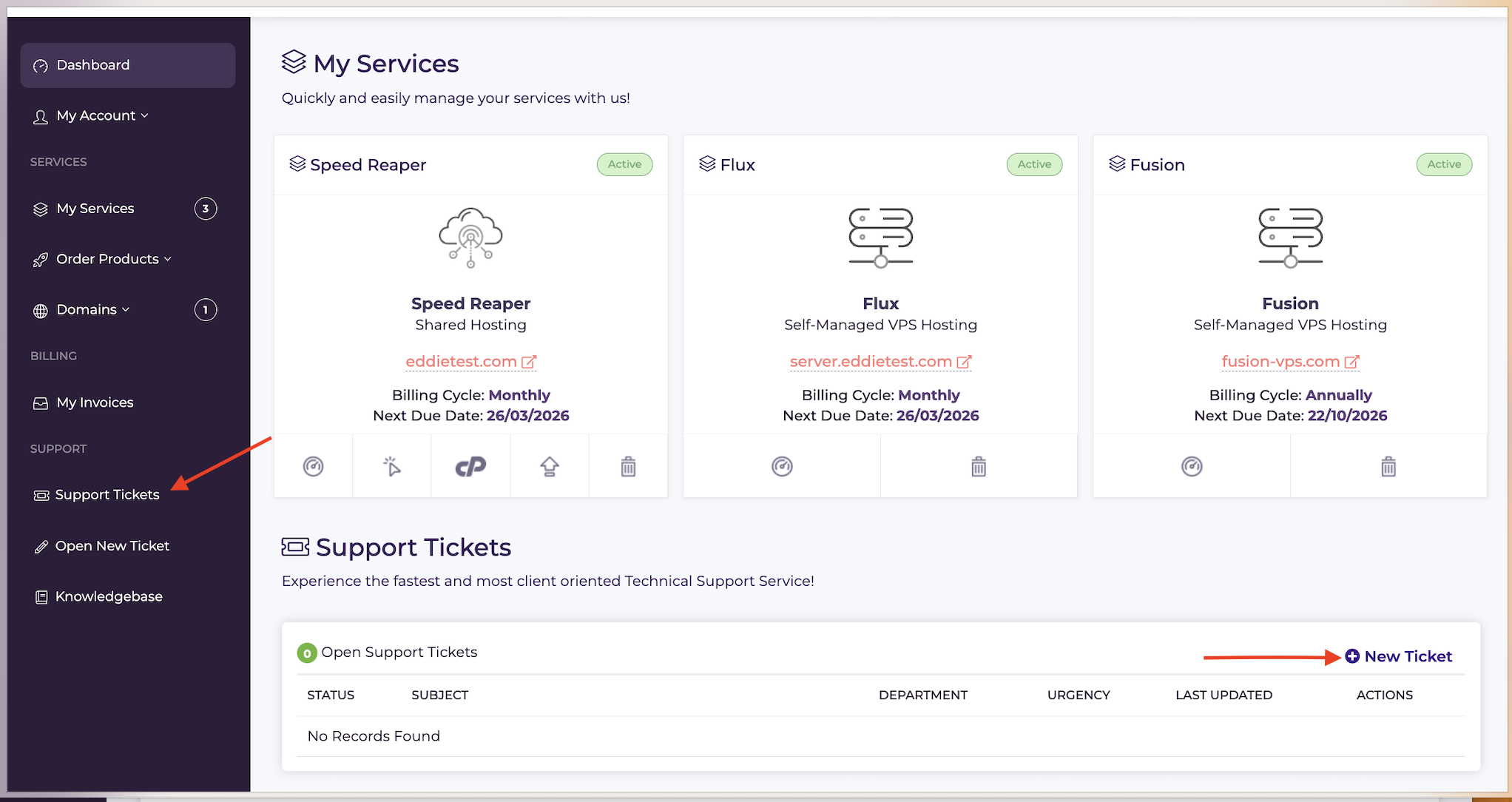 screenshot of 'Support Tickets' button