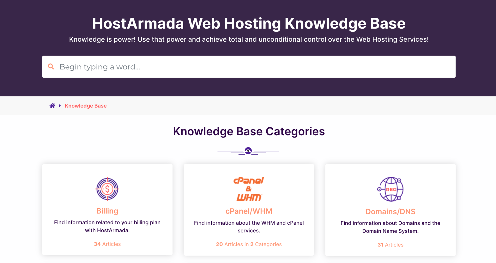 screenshot of HostArmada Knowledge base