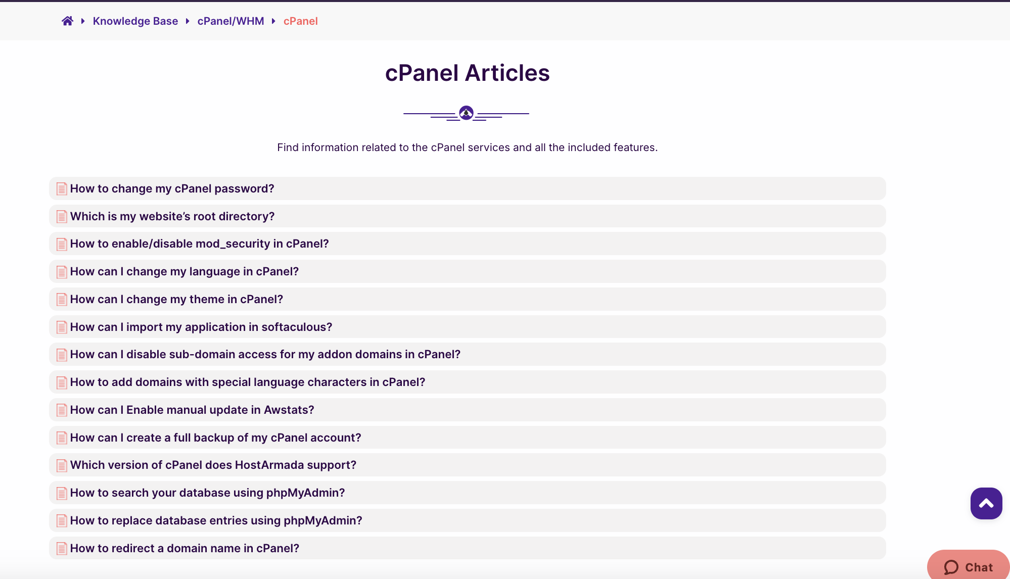 screenshot of HostArmada cPanel Articles