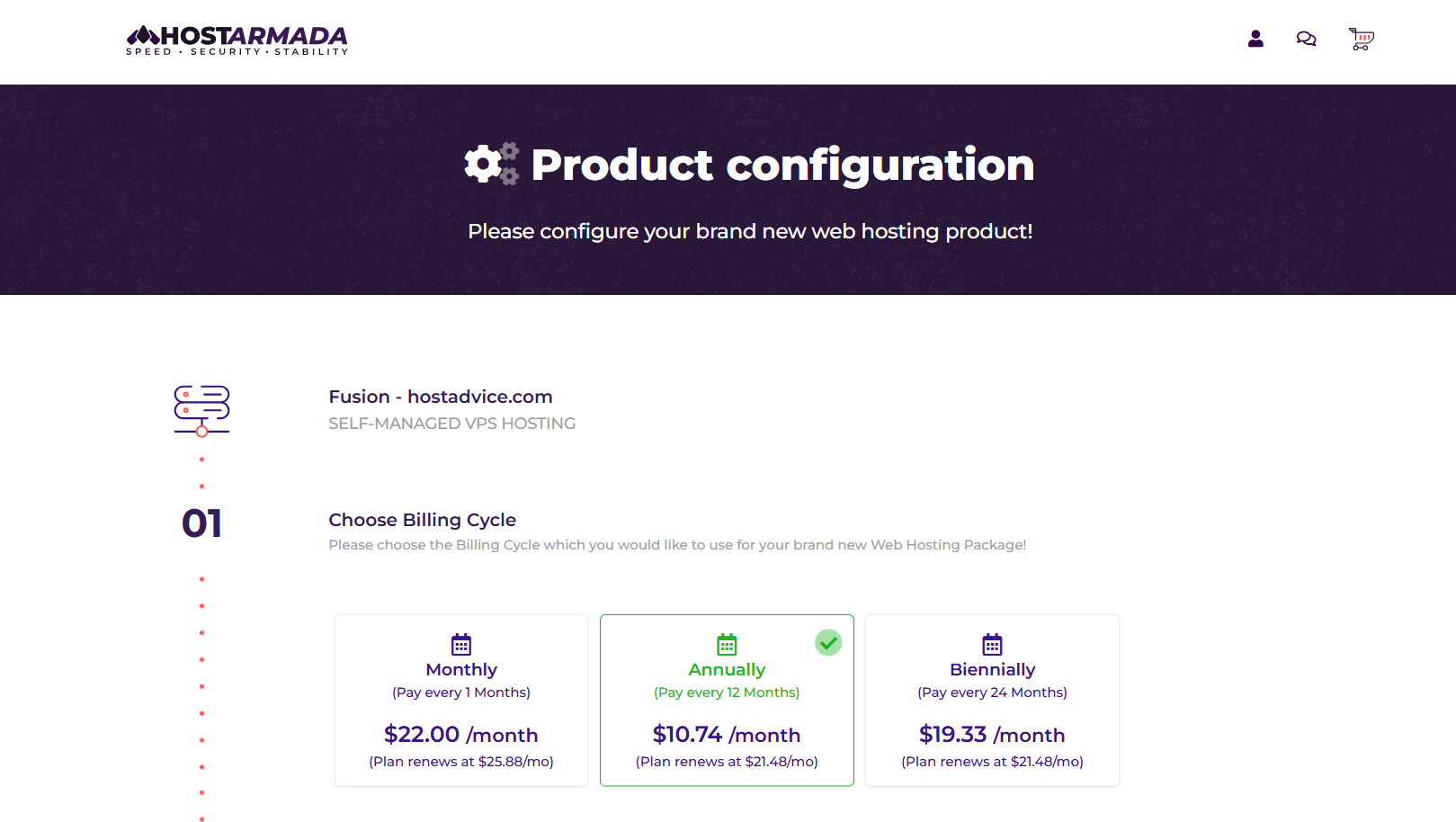 screenshot of HostArmada Product configuration