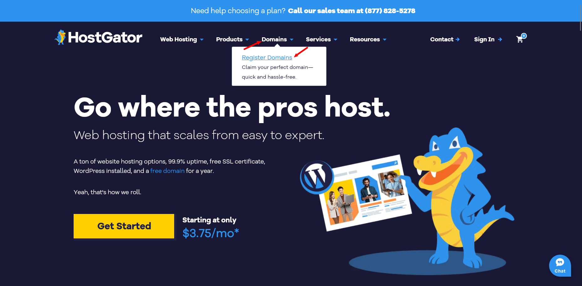Выпадающее меню Domains на главной странице HostGator с опцией Register Domains
