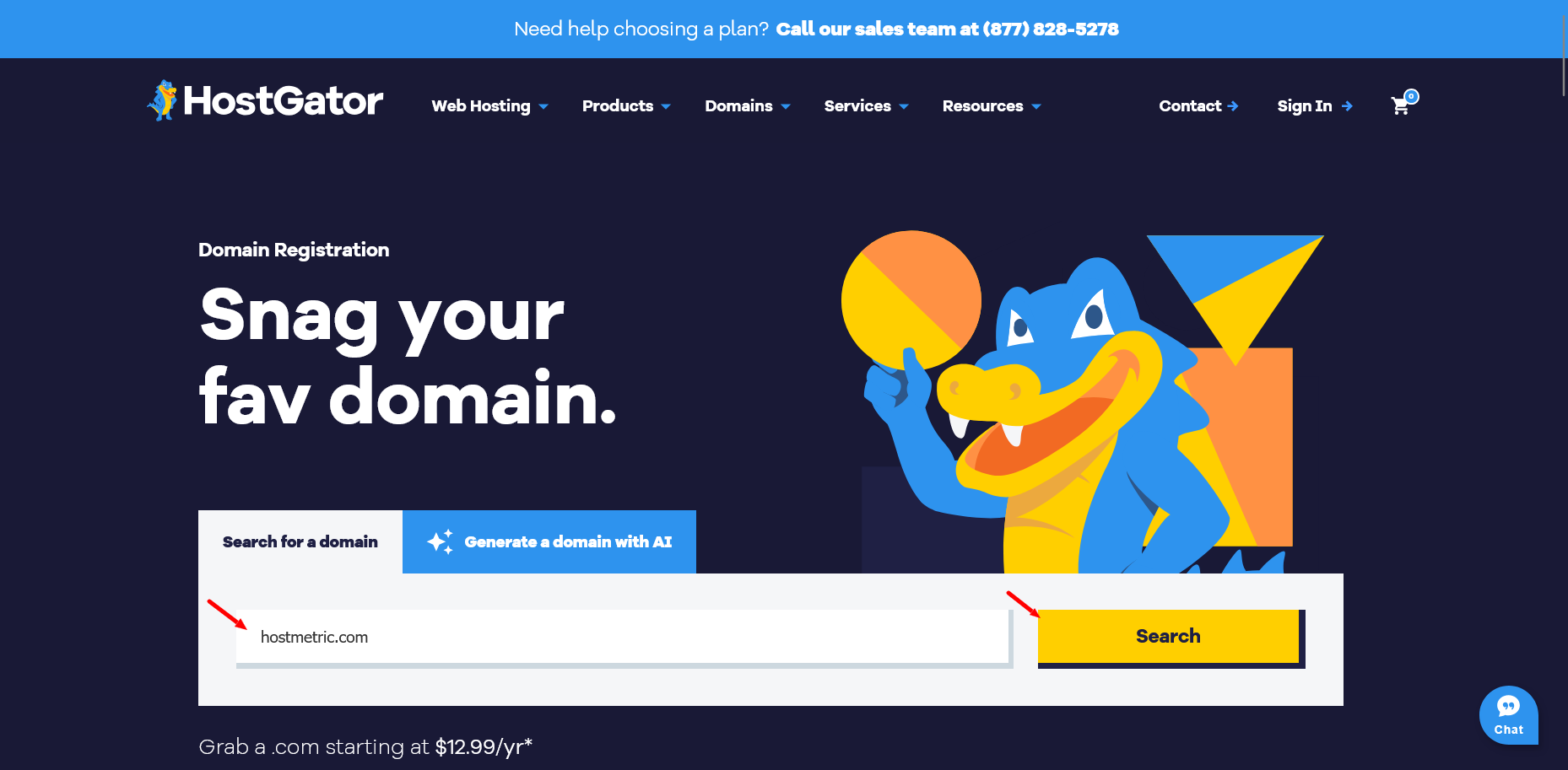 Результаты поиска домена HostGator, показывающие premium domain и рекомендуемые расширения