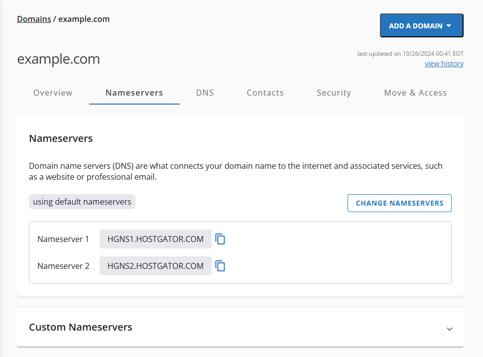 Вкладка nameservers HostGator, показывающая default nameservers и кнопку change nameservers