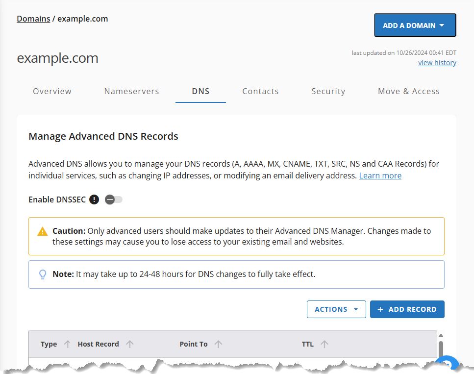 Вкладка DNS HostGator, показывающая advanced DNS records и переключатель DNSSEC