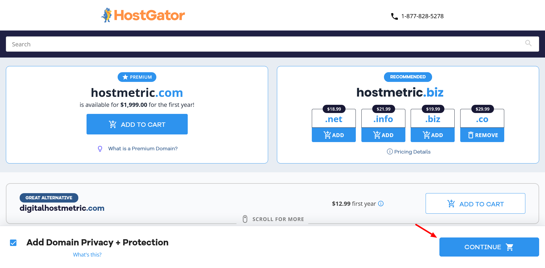 Страница результатов домена HostGator, показывающая альтернативы и флажок domain privacy protection