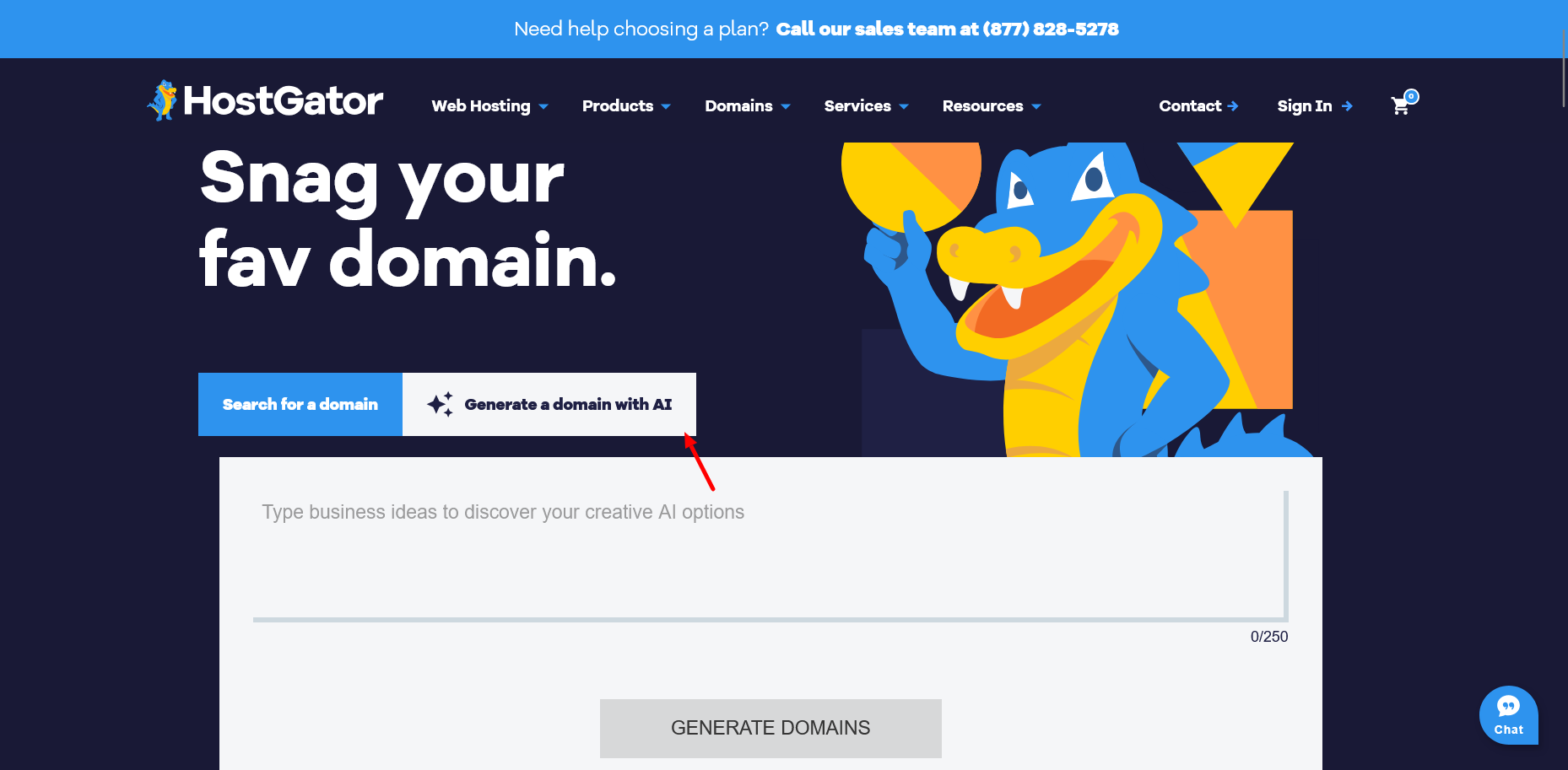 Текстовое поле AI domain generator HostGator для описаний бизнес-идеи