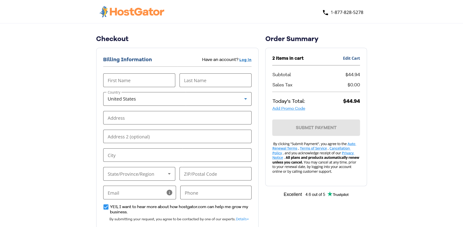 Страница оформления HostGator с полями billing and account information