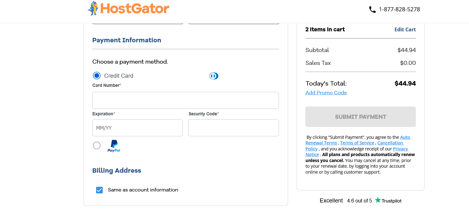 Раздел payment information на странице оформления HostGator с вариантами credit card и PayPal