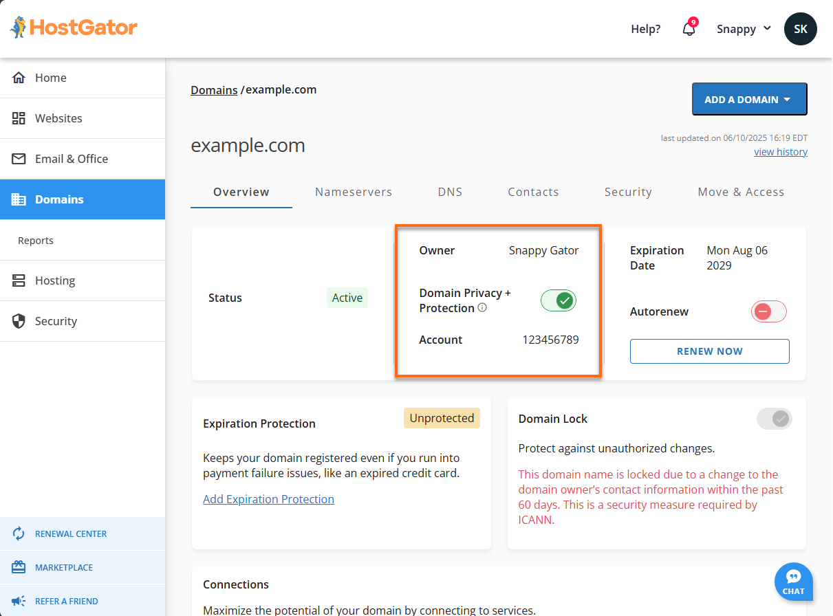 Левая навигация HostGator customer portal с разделом Domains