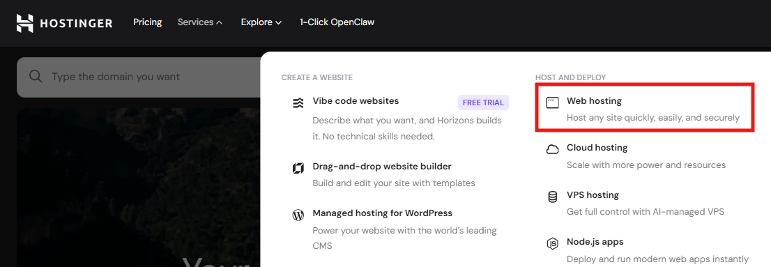 Hostinger services menu with Web Hosting option