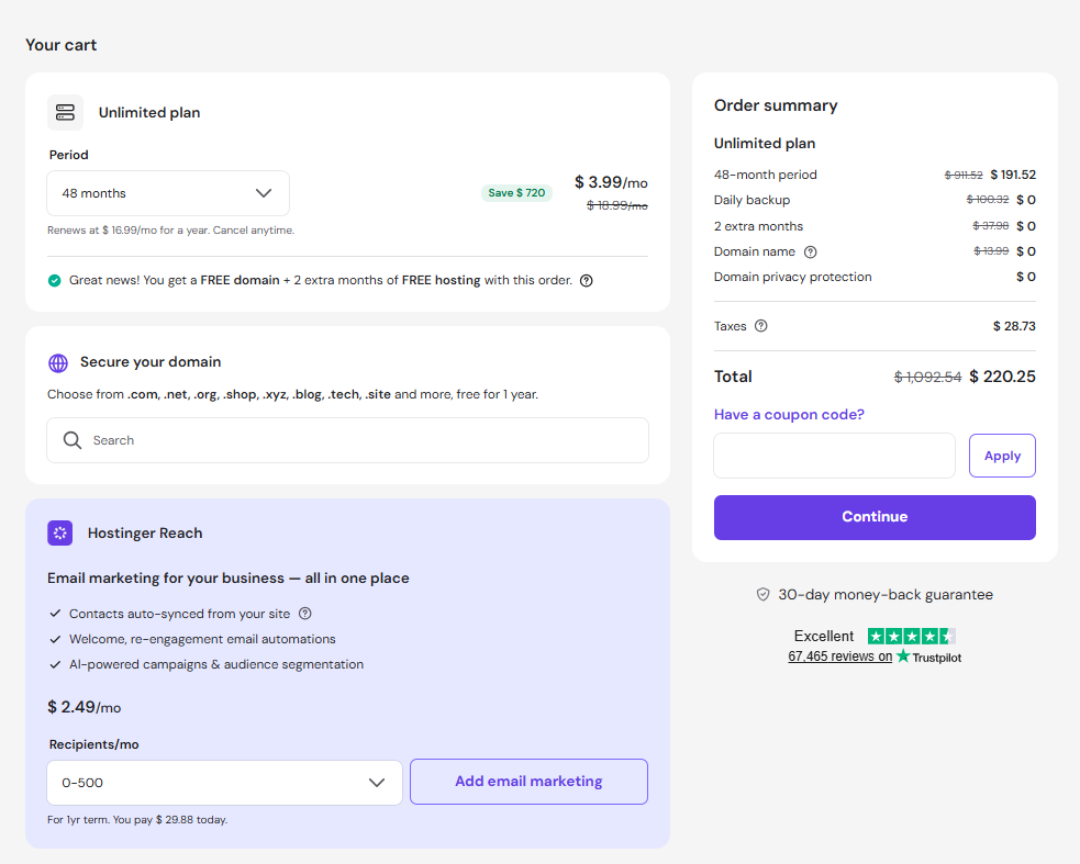 Hostinger checkout page with domain search and coupon code field