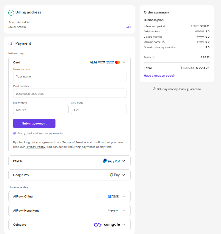 Hostinger final checkout payment page for AI Agents purchase