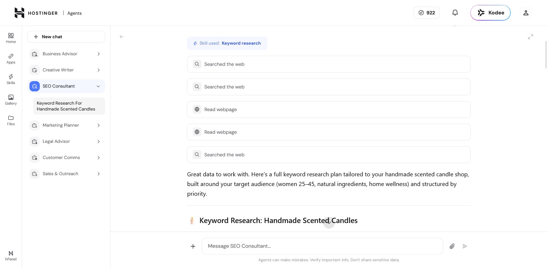 Hostinger SEO Consultant-utdata for søkeordsanalyse for håndlagde duftlys