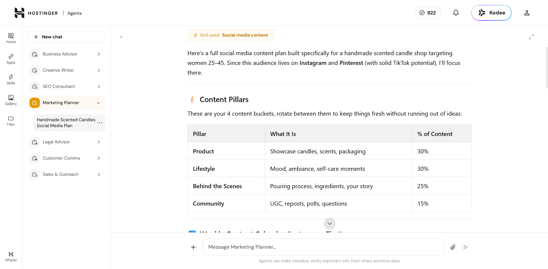 Hostinger Marketing Planner innholdsplan for sosiale medier for lysvirksomhet