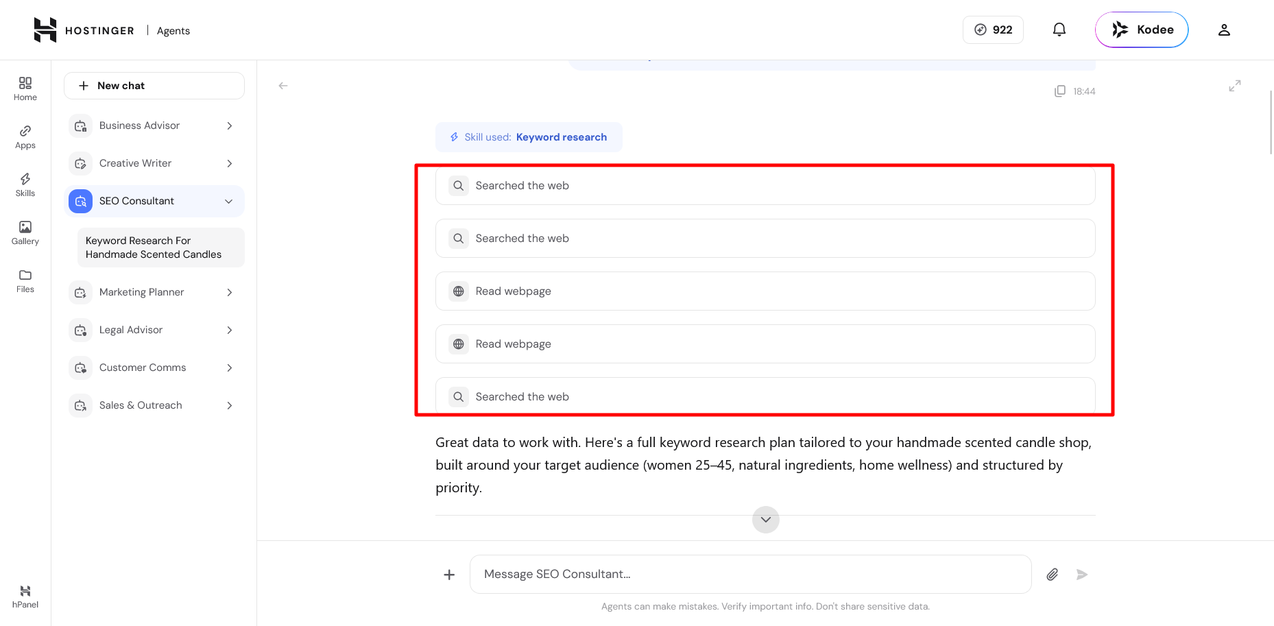 Hostinger SEO Consultant utfører live nettsøk for søkeordsanalyse